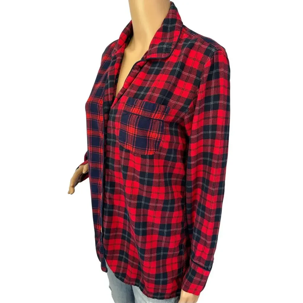 J. Crew Flannel Pajama Top Red Mixed Plaid F8383 Size XS